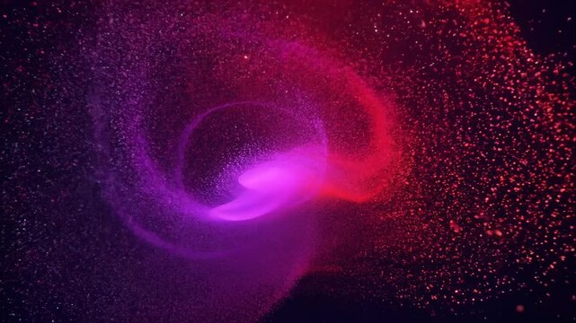 Abstract red shape floating in dark space, illuminated by soft glowing light, creating a mesmerizing and dynamic visual experience suitable for artistic and modern themes.