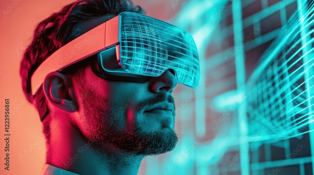 Poster young man using virtual reality headset with geometric graphics in background for tech and gaming th