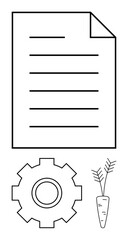 Paper document, gear for process, carrot for agriculture. Ideal for agribusiness, efficiency, sustainability, innovation, farming technology strategy planning concepts. Abstract line flat metaphor