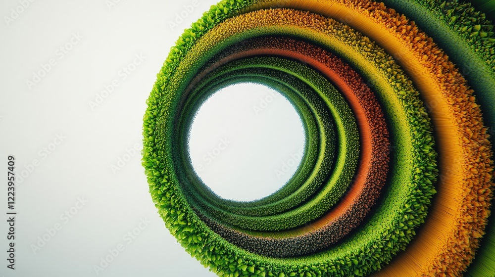 Poster circular pattern of green and orange textures with a bright center in a abstract nature-inspired des