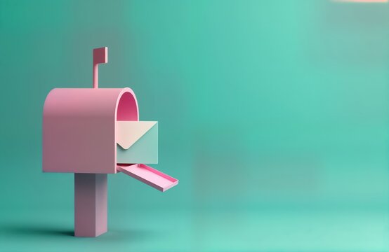 Pink mailbox with pastel envelope. Stylish design for newsletter communication concept. Modern, retro style. Three-dimensional render. Illustration for mail service company marketing campaign.