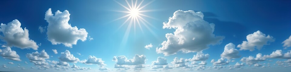 Sunny day sky panorama with fluffy white clouds. Perfect for 3D graphics composites in aerial, ground panoramas as sky dome. Bright blue sky with scattered clouds creates beautiful natural