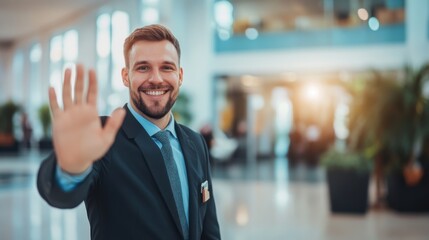 Professional Service Representative Waving Goodbye to Departing Customer in Stylish Office Space with Warm Soft Glow and Positive Atmosphere