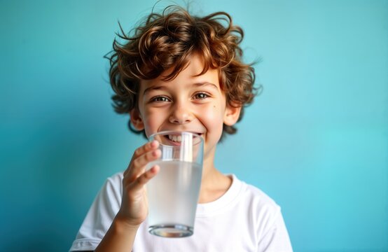 Adorable little boy enjoys drinking water from glass. Curly brown hair, cheerful expression. Dressed in white t-shirt against vibrant blue background. Healthy lifestyle evident. Happy child drinking