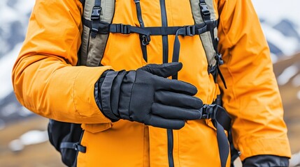 A person in an orange jacket and black gloves, standing in a mountainous area, ready for outdoor adventure.