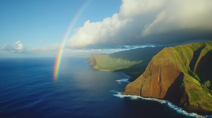 Fototapeta premium Aerial view of a dramatic coastline with a vibrant rainbow over the ocean.