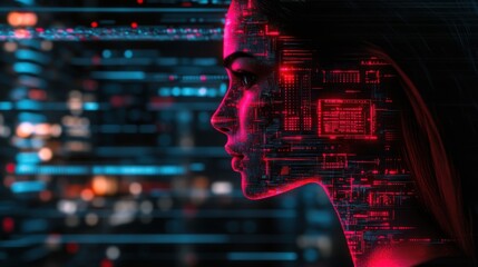 Surreal Portrait of a Woman's Face Dissolving into Chaotic Data Streams with Glitchy Lighting Effects in a Dark Negative Space Environment