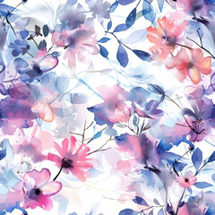 Cute floral pattern, pastel colors, pink and blue tones watercolor seamless pattern. Watercolor print in rustic vintage style, textile or wallpapers.