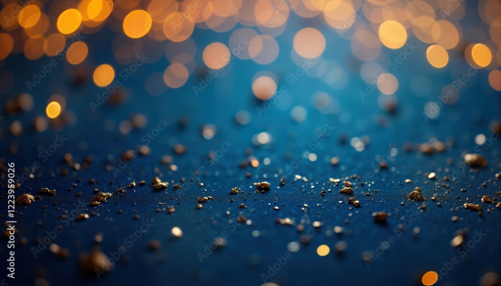 Poster Blue background shines with scattered gold glitter. Bokeh effect adds touch of brightness, glimmer. Image evokes festive elegant mood. Suitable for various design projects. Gold sparkles on navy blue