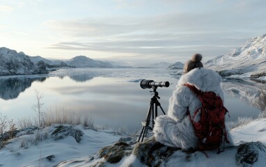 A person dressed in winter attire sits on a rocky edge near a frozen lake. The calm water reflects the soft light of dawn, surrounded by snow-covered mountains and a serene landscape