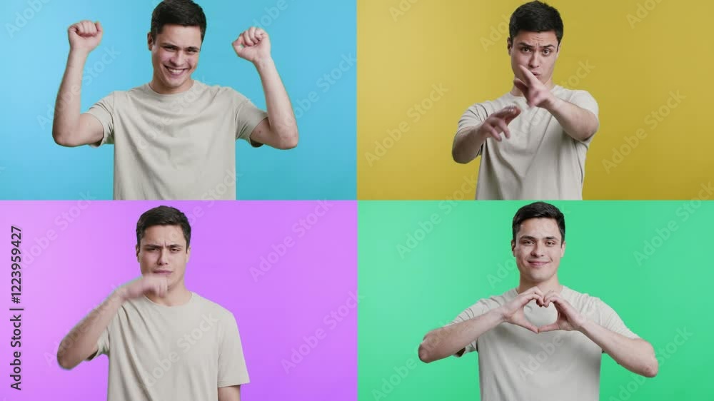 Leinwandbilder a young man displays a range of emotions and gestures in a lively collage. surrounded by colorful ba