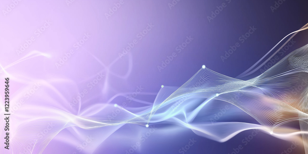 Poster Abstract wave pattern connecting dots with soft light trails in purple background