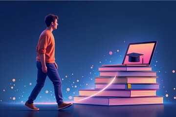 Fototapeta premium A person walking on a digital path of glowing books leading to a laptop with a graduation cap on it, symbolizing the journey of learning through online platforms.