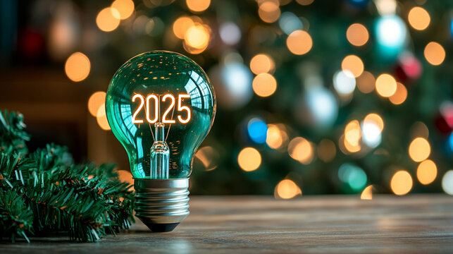 Glowing light bulb with "2025" numbers sparkling in festive ambiance minimalistic bright tone with blurred background creating a celebratory and futuristic atmosphere with empty caption space

