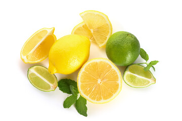 Fresh lemons and limes on white background