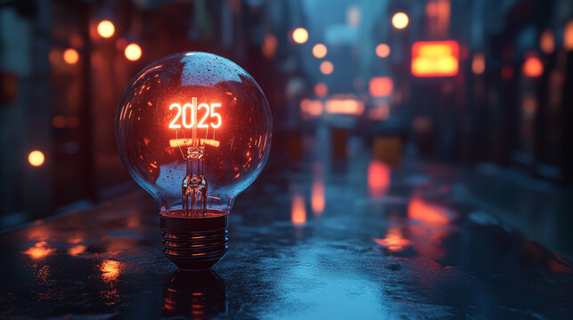 Glowing light bulb with "2025" numbers sparkling in festive ambiance minimalistic bright tone with blurred background creating a celebratory and futuristic atmosphere with empty caption space

