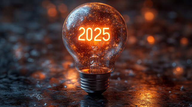 Glowing light bulb with "2025" numbers sparkling in festive ambiance minimalistic bright tone with blurred background creating a celebratory and futuristic atmosphere with empty caption space

