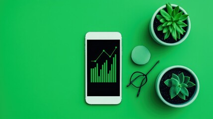 Obraz premium Smartphone with financial graph on green background next to succulent plants and glasses for modern lifestyle concept