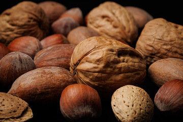 Walnuts, pecans, almonds and hazelnuts spread out on a table. Nuts still in their hard shells.