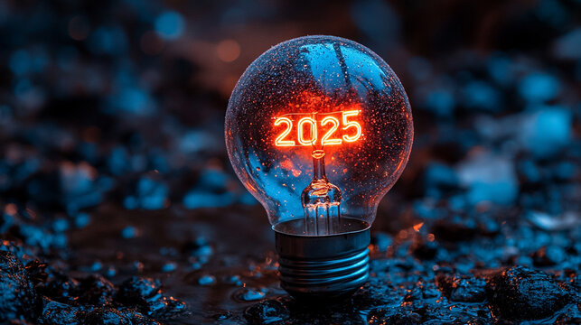 Glowing light bulb with "2025" numbers sparkling in festive ambiance minimalistic bright tone with blurred background creating a celebratory and futuristic atmosphere with empty caption space

