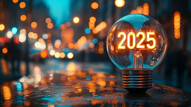 Glowing light bulb with "2025" numbers sparkling in festive ambiance minimalistic bright tone with blurred background creating a celebratory and futuristic atmosphere with empty caption space

