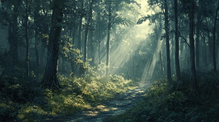 Fototapeta premium Sunbeams pierce a lush, green forest path. Ideal for fantasy, nature, or adventure projects needing a mystical forest scene.