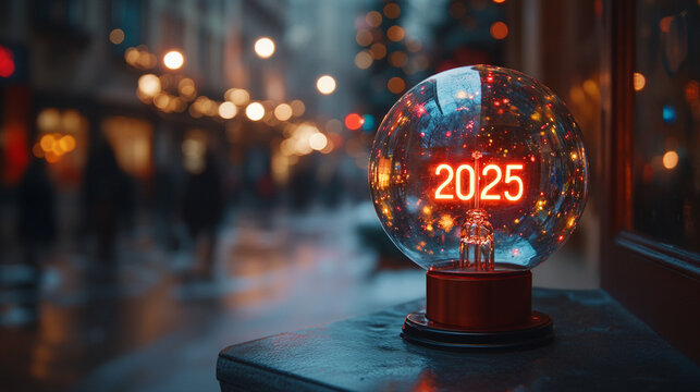 Glowing light bulb with "2025" numbers sparkling in festive ambiance minimalistic bright tone with blurred background creating a celebratory and futuristic atmosphere with empty caption space

