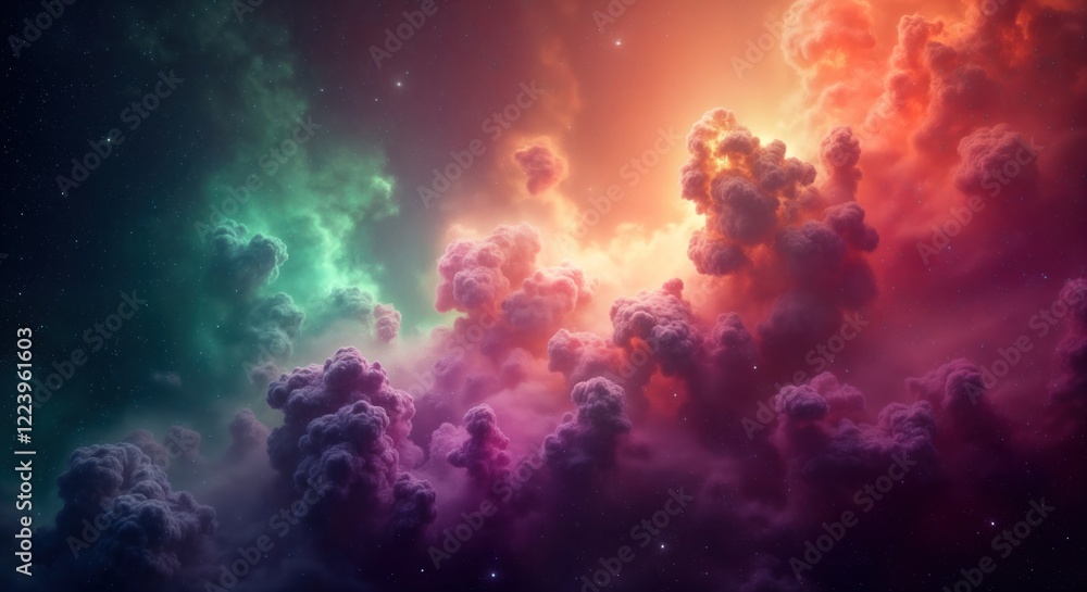 Poster Colorful nebula clouds fill space. Multicolored cosmic clouds swirl in outer space. Starlight sparkles throughout. Mysterious, beautiful. Perfect abstract space wallpaper. Awesome design for tech