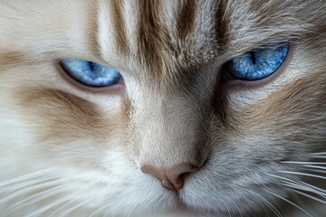 Close-up of a cat's face, showing blue eyes and soft fur. Perfect for pet-related projects, websites, or blogs needing a heartwarming image.