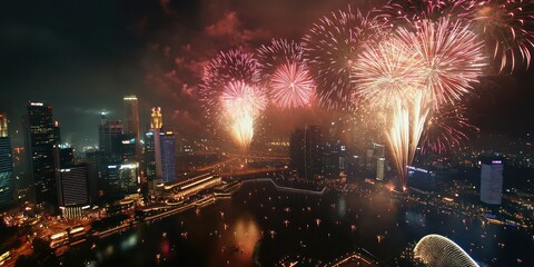 A grand New Year's firework finale, with bursts of multicolored fireworks filling the sky over a lively cityscape, celebrating the start of a new year.