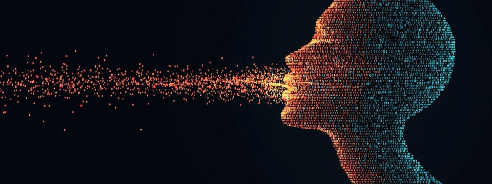 Digital Concept of Human Expression with Data flowing from Mouth in Abstract Futuristic Style