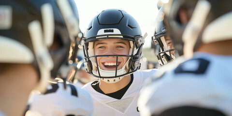 Young male football player smiling during team huddle