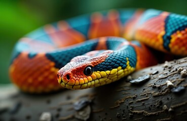 Obraz premium Colorful snake close-up view on log. Vibrant colors create striking pattern. Tropical wildlife nature scene. Reptile animal. Wildlife photo. Macro detail of colorful snake. Detail focus on snake