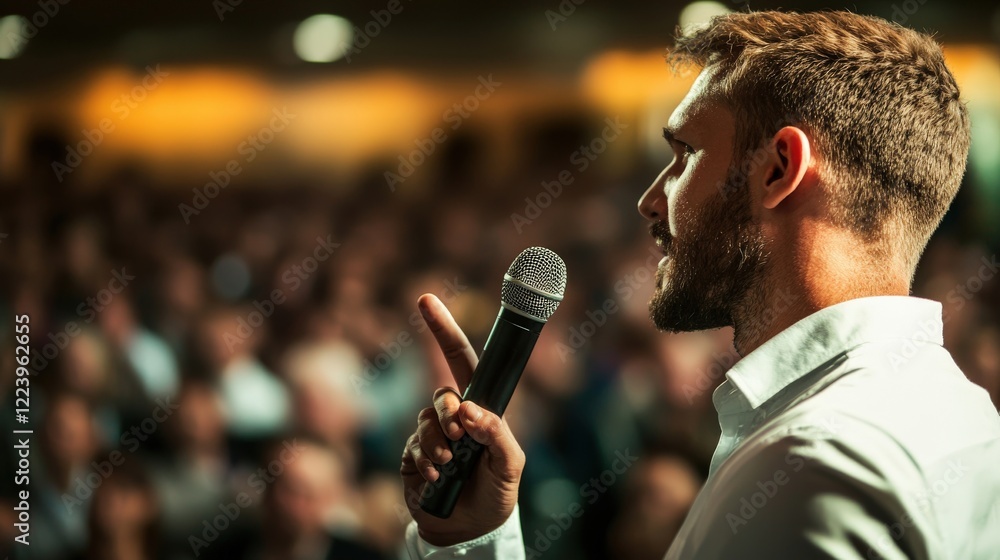 Poster engaging speaker addressing a large audience in a conference setting with microphone in hand