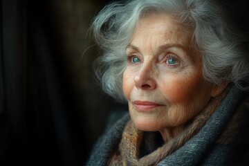 Thoughtful elderly woman in cozy living room soft lighting smiling at camera enjoying life in closeup