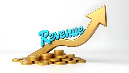 An upward arrow with the word “Revenue” and coins at its base
