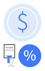 Dollar sign in large circle, HS code input screen with card, percentage symbol. Ideal for finance, trade, pricing, taxation, banking e-commerce data entry. Blue and white abstract line flat