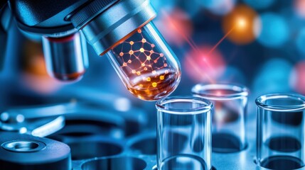 A laboratory scene featuring a microscope and a test tube with a glowing liquid, highlighting scientific research and experimentation.