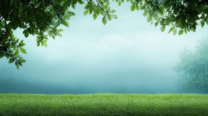 Fototapeta premium Serene Nature Background with Lush Green Leaves and Misty Horizon for Peaceful Mood and Relaxation