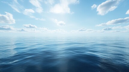 Obraz premium Calm ocean under a bright blue sky with fluffy clouds. Ideal for travel, serenity, or nature themes, evokes peace and tranquility.