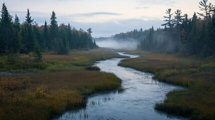 Fototapeta premium Early morning mist rising over a swampy river, weaving through dense forest landscapes.