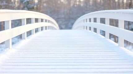 Obraz premium Snowy white bridge in winter woods; serene landscape for winter postcards