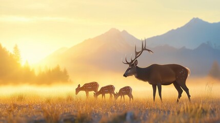 Fototapeta premium Majestic Deer in Sunrise Meadow