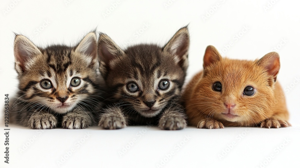 Canvas Prints Three kittens and a hamster posing on white background; cute pet photography for websites