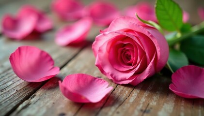 Soft pink rose petals scattered on a wooden table, rustic, wooden, natural light