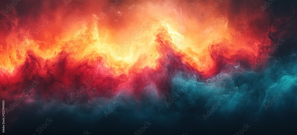 Poster abstract gradient background with vibrant red and teal glowing shapes and noise texture for retro de
