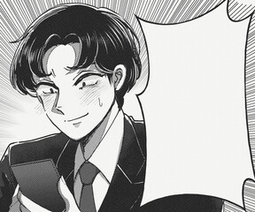スマホを見て喜ぶサラリーマンの漫画コマ風イラスト
