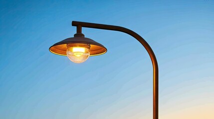 Street lamp with a curved arm and a glowing bulb photographed during dusk against a clear blue background