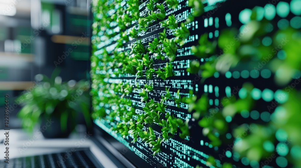 Poster vibrant green plants integrating with modern technology in a futuristic computer display environment