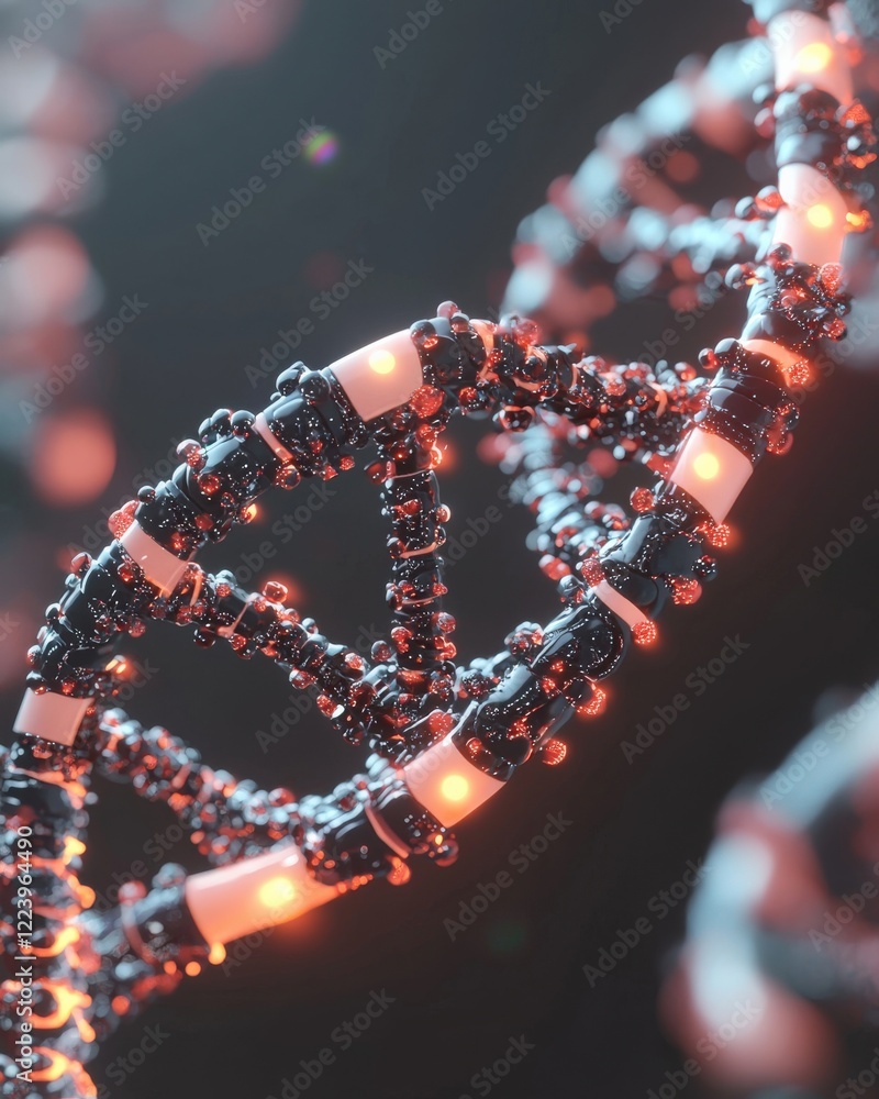 Poster close-up view of an abstract 3d rendered dna helix with glowing elements and dark background